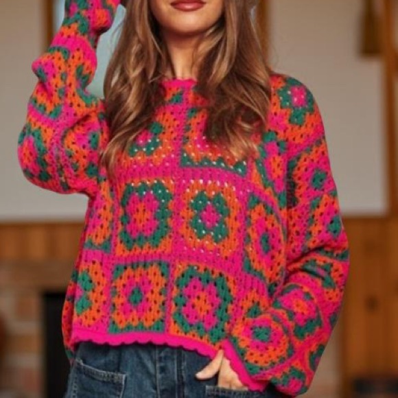 Patch Work Sweater Crochet Sweater / Boho Sweater Davi & Dani NWT Oversized - Picture 11 of 11